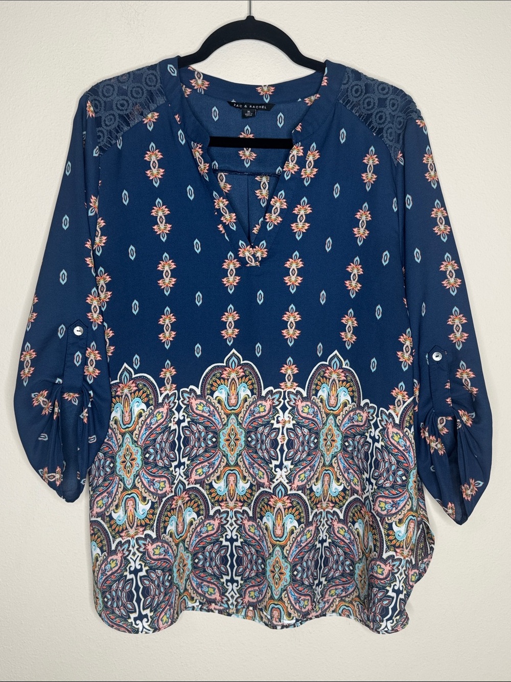 Zac & Rachel Paisley Navy Boho V-Neck Blouse -Women XL
